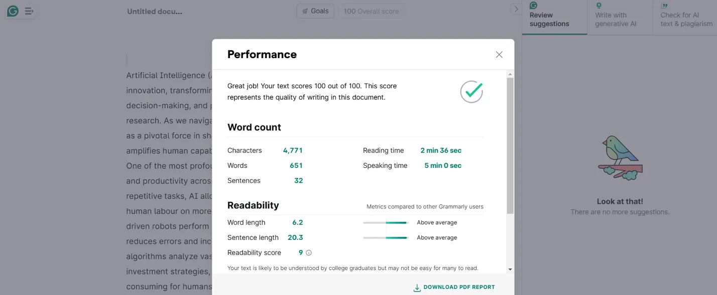 Grammarly Premium report showing zero grammar errors.